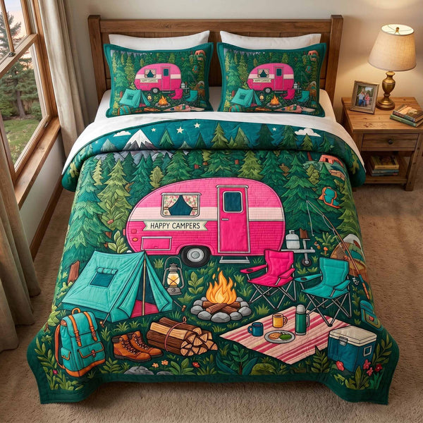 Pink Trailer quilted 3-piece bedding set on a made bed with two matching pillow shams