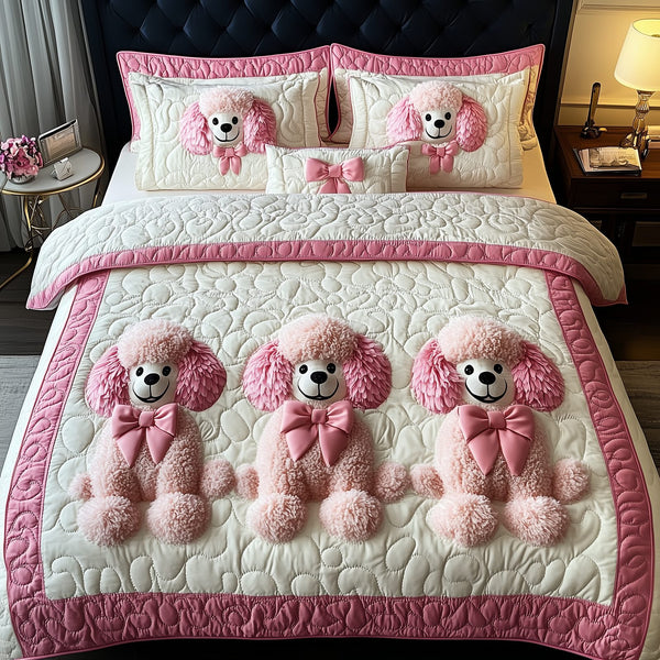 Pinky Adorable Poodle quilted 3-piece bedding set on a made bed with two matching pillow shams