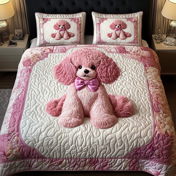 Pinky Adorable Poodle quilted 3-piece bedding set on a made bed with two matching pillow shams