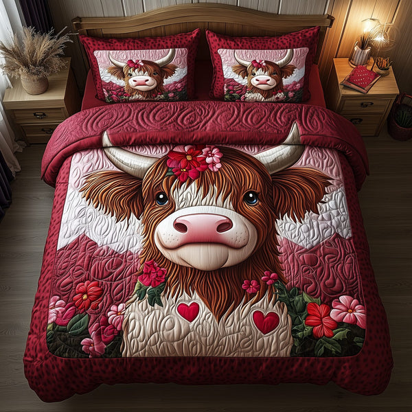 Pinky Highland Cow quilted 3-piece bedding set on a made bed with two matching pillow shams