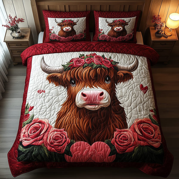 Pinky Highland Cow quilted 3-piece bedding set on a made bed with two matching pillow shams
