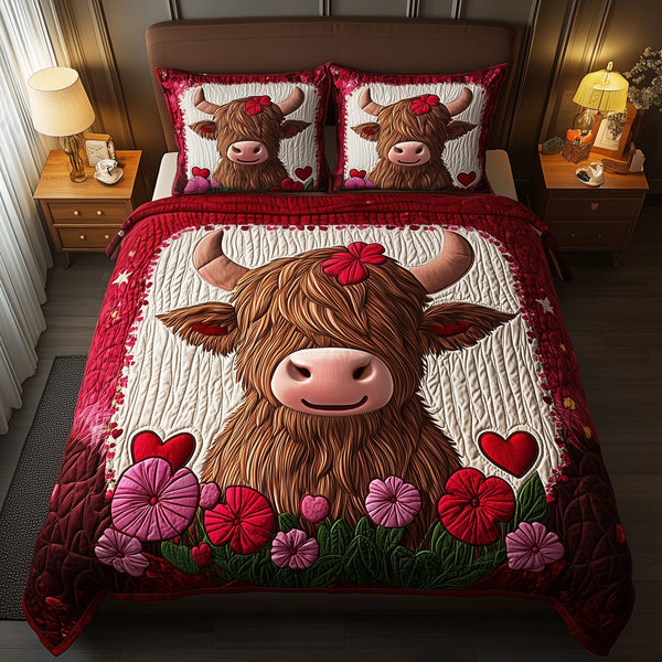 Pinky Highland Cow quilted 3-piece bedding set on a made bed with two matching pillow shams