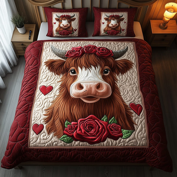 Pinky Highland Cow quilted 3-piece bedding set on a made bed with two matching pillow shams