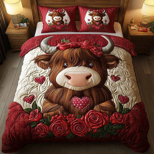 Pinky Highland Cow quilted 3-piece bedding set on a made bed with two matching pillow shams