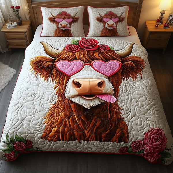 Pinky Highland Cow quilted 3-piece bedding set on a made bed with two matching pillow shams