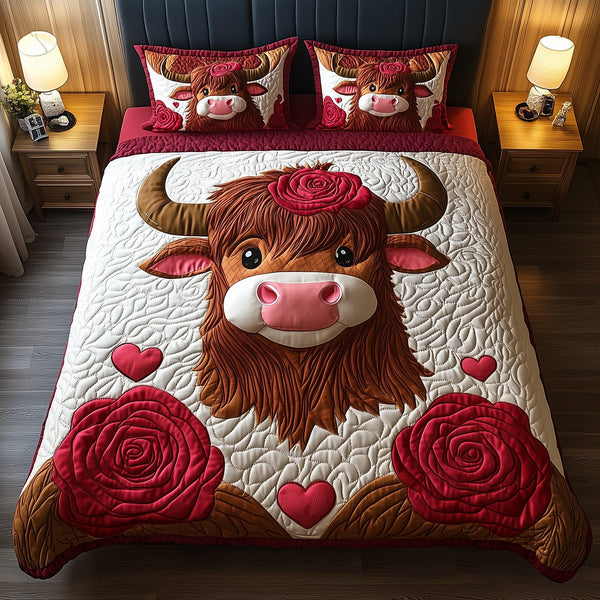 Pinky Highland Cow quilted 3-piece bedding set on a made bed with two matching pillow shams