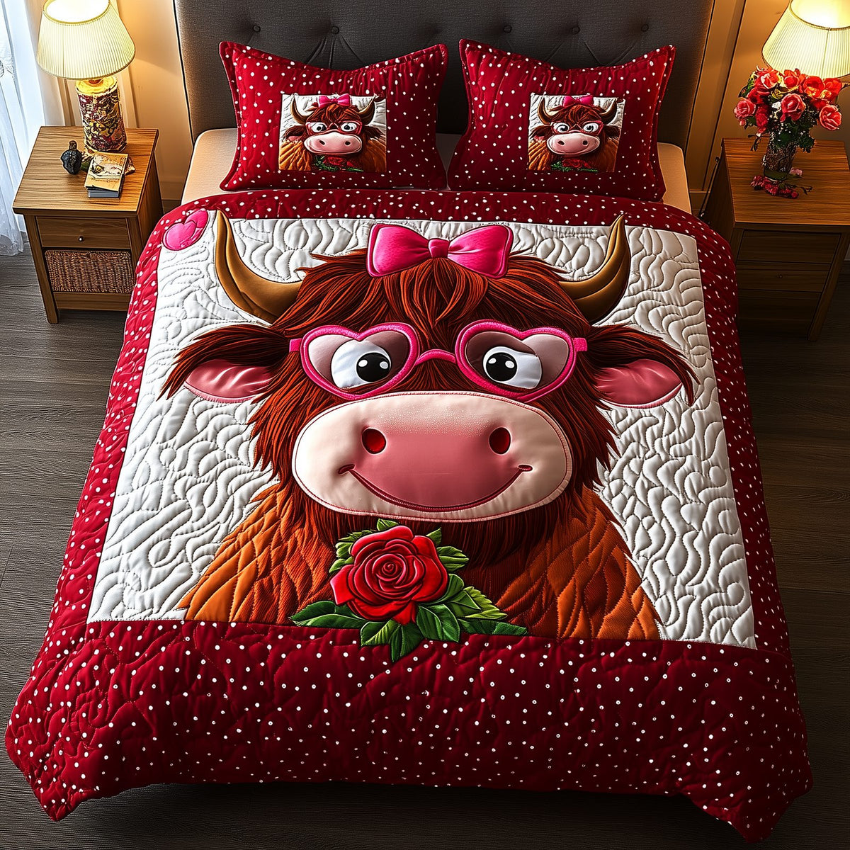Pinky Highland Cow quilted 3-piece bedding set on a made bed with two matching pillow shams