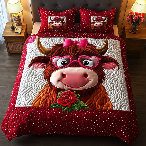 Pinky Highland Cow quilted 3-piece bedding set on a made bed with two matching pillow shams