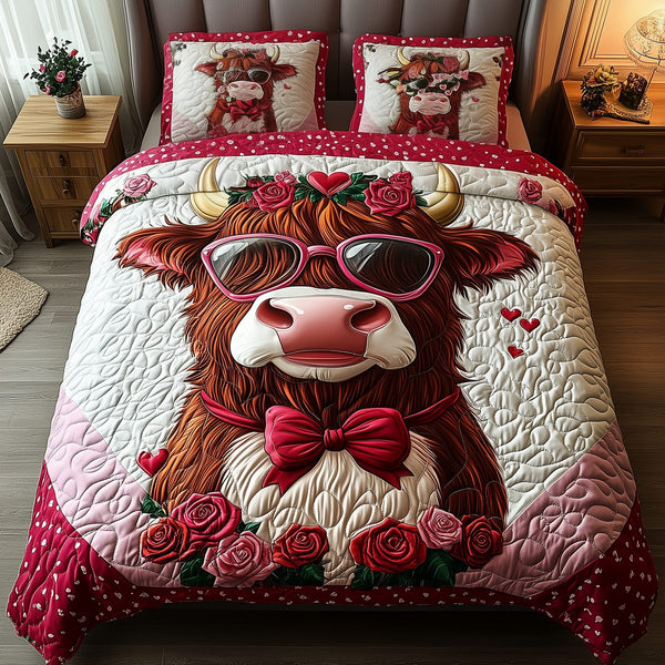 Pinky Highland Cow quilted 3-piece bedding set on a made bed with two matching pillow shams