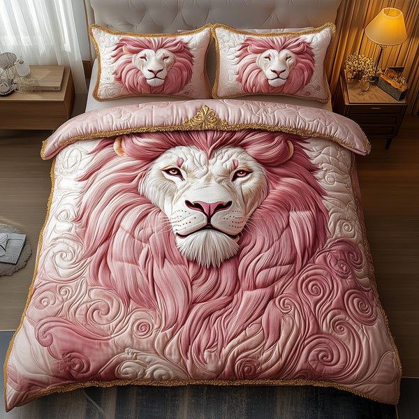 Pinky Majestic Lion quilted 3-piece bedding set on a made bed with two matching pillow shams