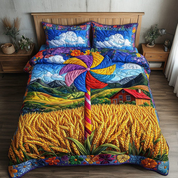 Pinwheel Delight quilted 3-piece bedding set on a made bed with two matching pillow shams
