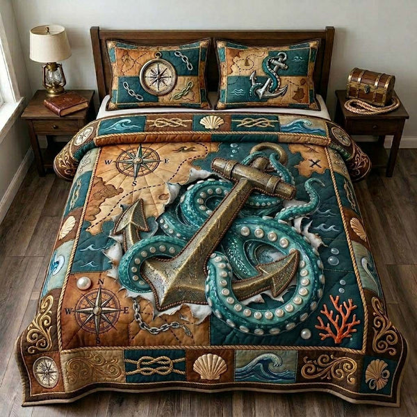 Pirate Anchor Kraken quilted 3-piece bedding set on a made bed in a light coastal bedroom