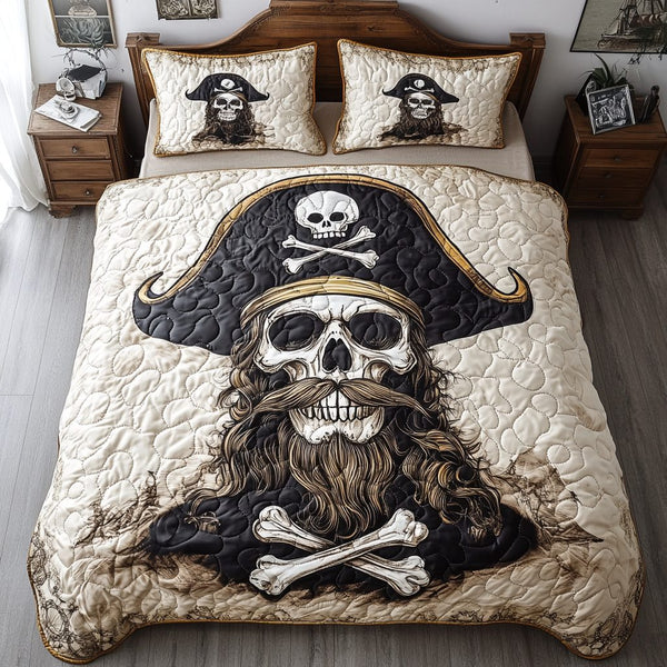 Pirate Curse quilted 3-piece bedding set on a made bed against a dark styled interior