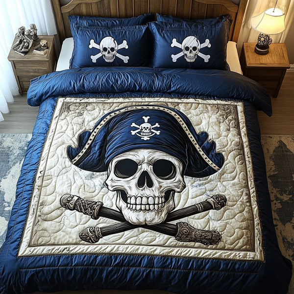 Pirate Fortune quilted 3-piece bedding set on a made bed with two matching pillow shams