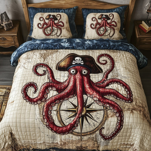 Pirate Octopus quilted 3-piece bedding set on a made bed with two matching pillow shams