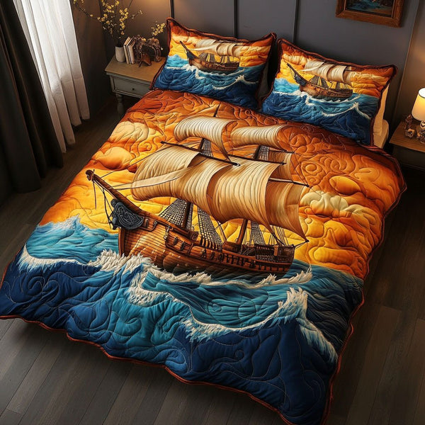 Pirate Path quilted 3-piece bedding set on a made bed with two matching pillow shams