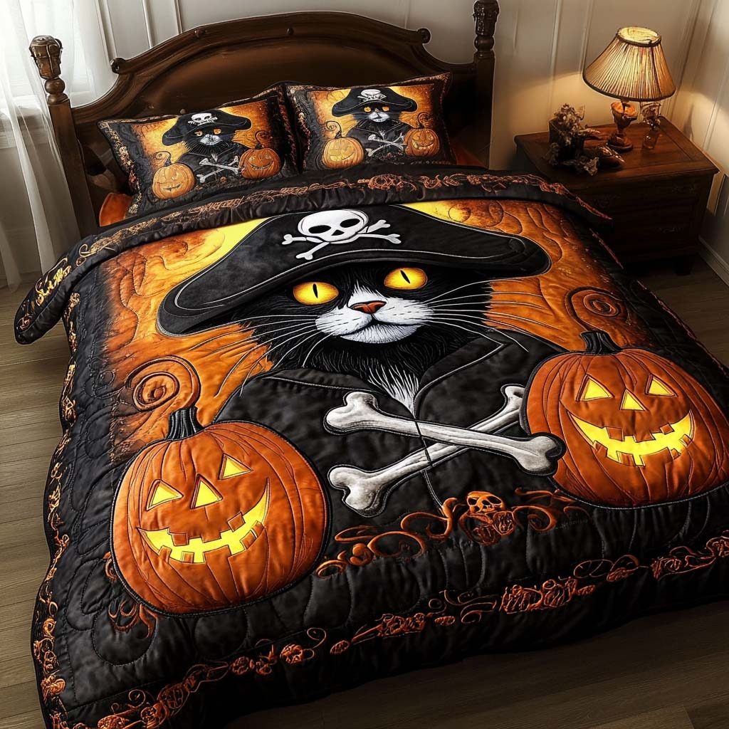Pirate Purr quilted 3-piece bedding set on a made bed with two matching pillow shams