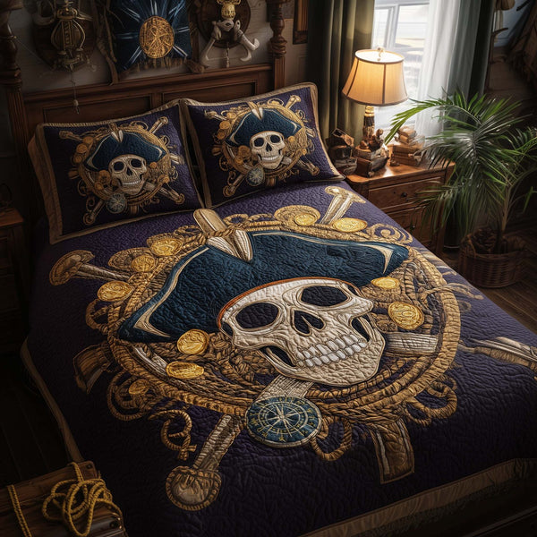 Pirate Skull quilted 3-piece bedding set on a made bed against a dark styled interior