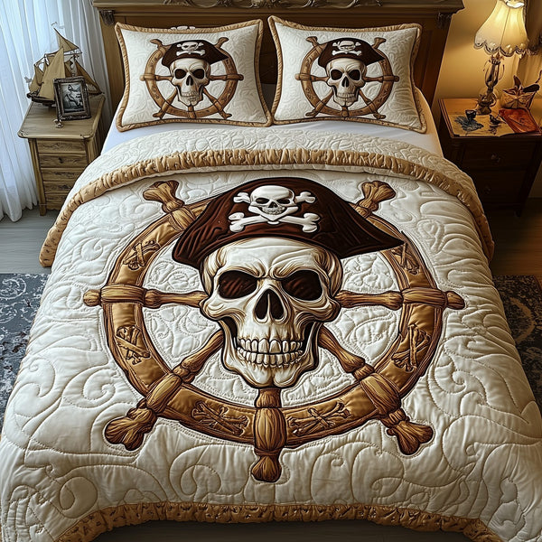 Pirate Skull quilted 3-piece bedding set on a made bed against a dark styled interior