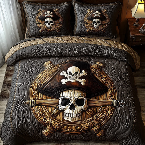 Pirate Skull quilted 3-piece bedding set on a made bed against a dark styled interior