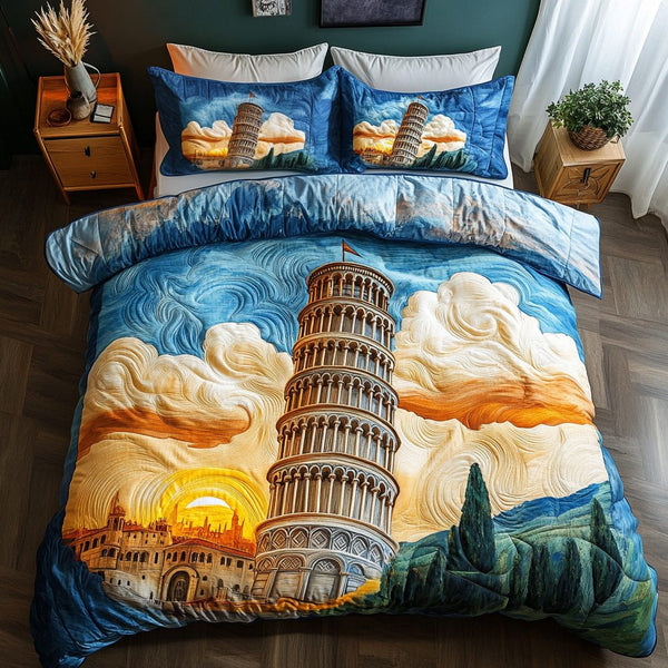 Pisa Icon quilted 3-piece bedding set on a made bed with two matching pillow shams