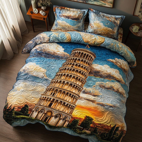 Pisa Landmark quilted 3-piece bedding set on a made bed with two matching pillow shams