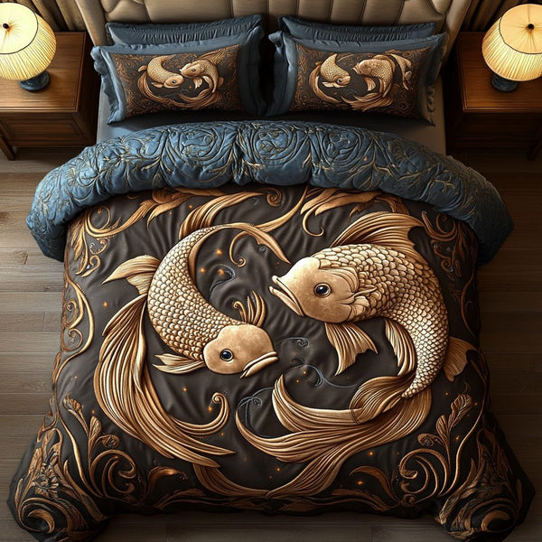 Pisces quilted 3-piece bedding set on a made bed with two matching pillow shams
