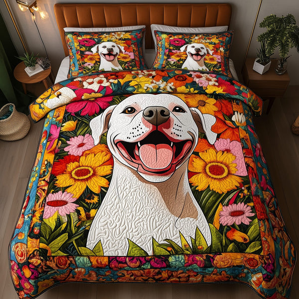 Pitbull Blossom Joy quilted 3-piece bedding set on a made bed with two matching pillow shams