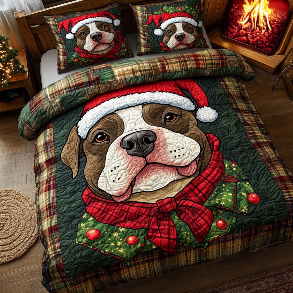 Pitbull Holiday Cheer quilted 3-piece bedding set on a made bed in a winter-styled bedroom