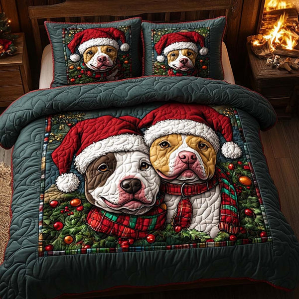 Pitbull Noel Friends quilted 3-piece bedding set on a made bed in a winter-styled bedroom