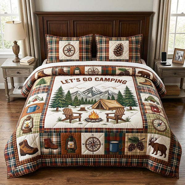 Plaid Adventure quilted 3-piece bedding set on a made bed in a winter-styled bedroom