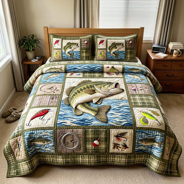 Plaid Bass Fishing quilted 3-piece bedding set on a made bed in a farmhouse bedroom