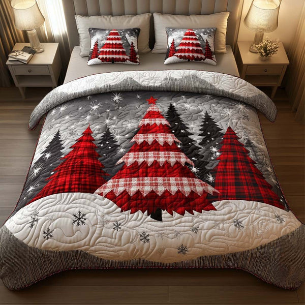 Plaid Bliss quilted 3-piece bedding set on a made bed in a farmhouse bedroom