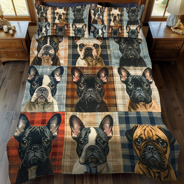 Plaid French Bulldog quilted 3-piece bedding set on a made bed in a farmhouse bedroom