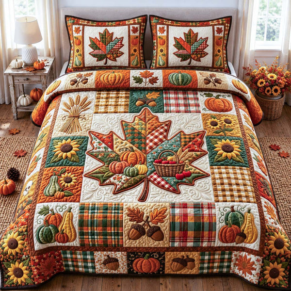 Plaid Harvest Leaf quilted 3-piece bedding set on a made bed in a farmhouse bedroom