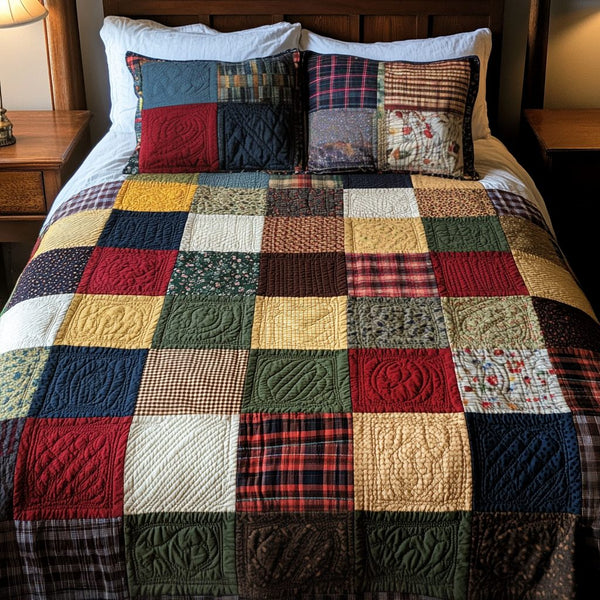 Plaid Haven quilted 3-piece bedding set on a made bed in a farmhouse bedroom