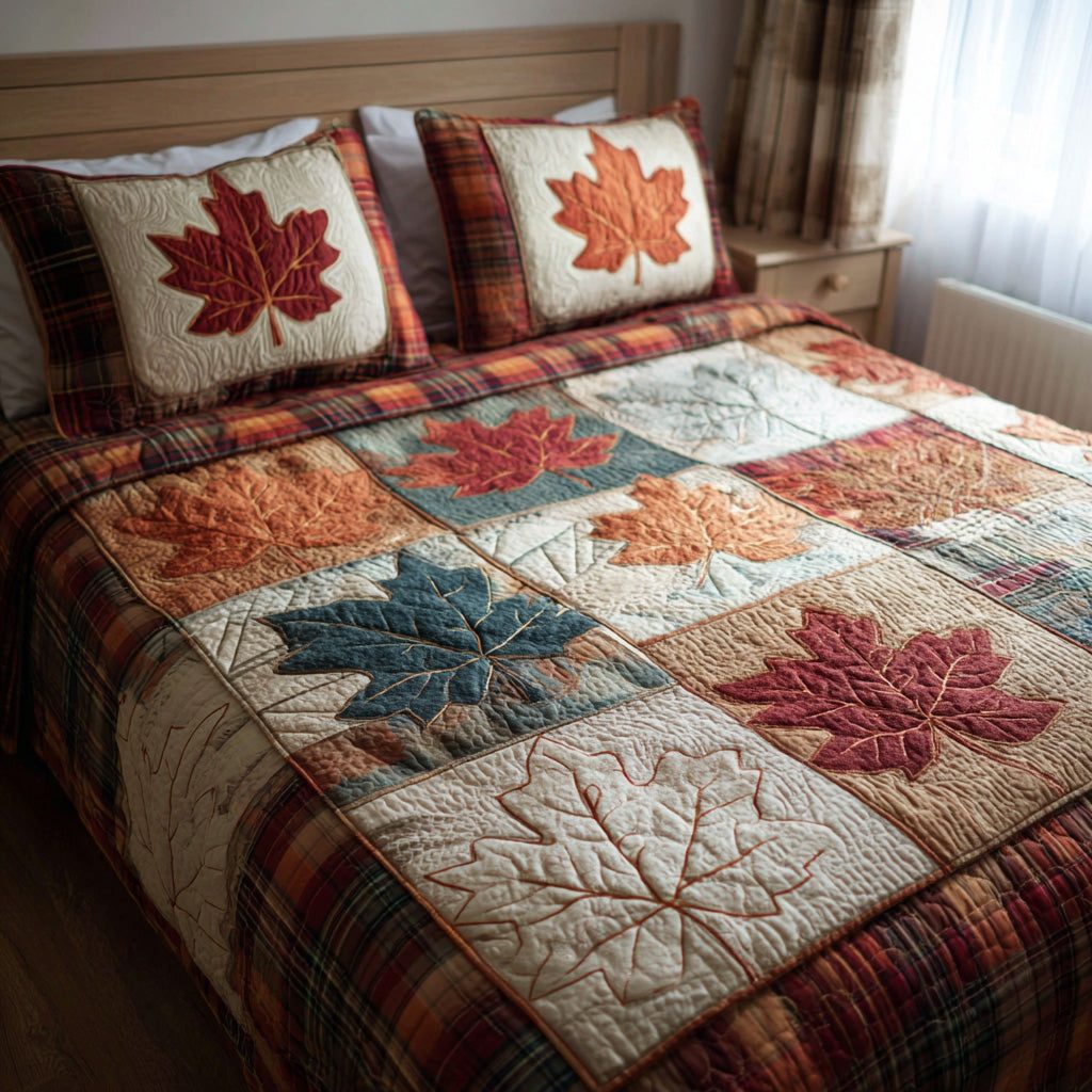 Plaid Maple quilted 3-piece bedding set on a made bed in a farmhouse bedroom