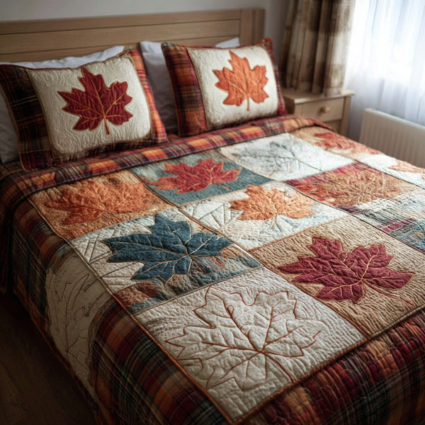 Plaid Maple quilted 3-piece bedding set on a made bed in a farmhouse bedroom