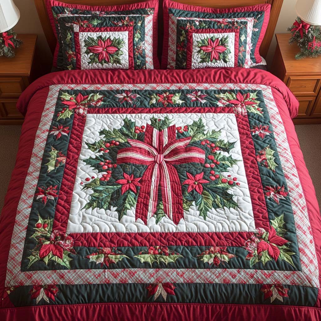 Plaid Ribbon Wreath quilted 3-piece bedding set on a made bed in a winter-styled bedroom