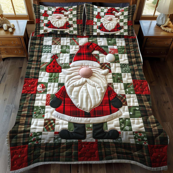 Plaid Santa quilted 3-piece bedding set on a made bed in a winter-styled bedroom