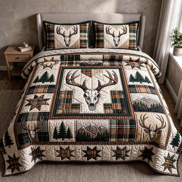 Plaid Wilderness quilted 3-piece bedding set on a made bed in a farmhouse bedroom