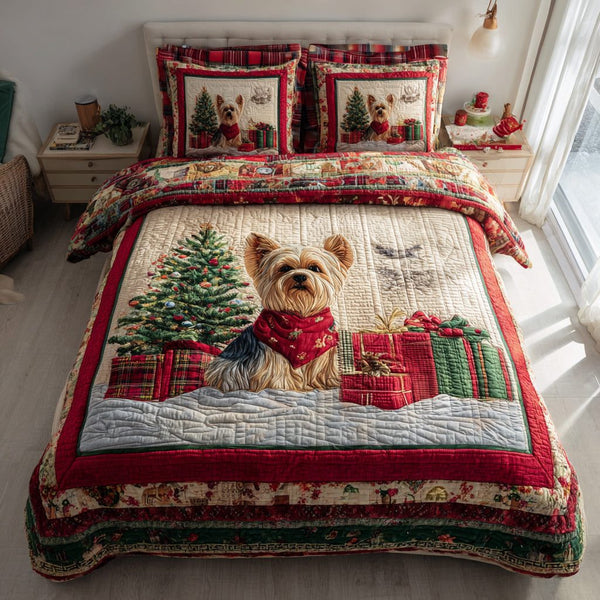Plaid Yorkshire Terrier quilted 3-piece bedding set on a made bed in a farmhouse bedroom