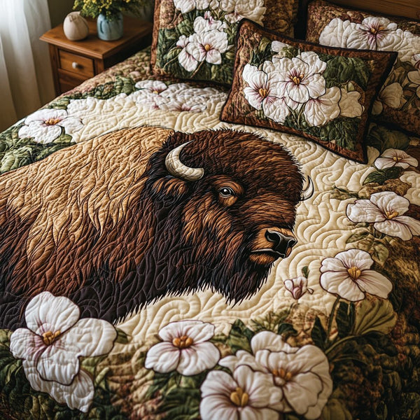 Plains Bison quilted 3-piece bedding set on a made bed in a rustic timber bedroom