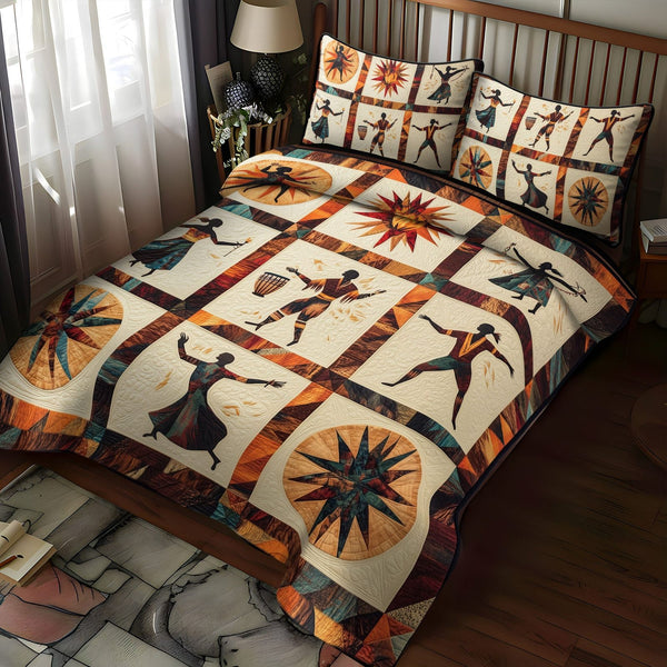 Plains Spirits quilted 3-piece bedding set on a made bed with two matching pillow shams