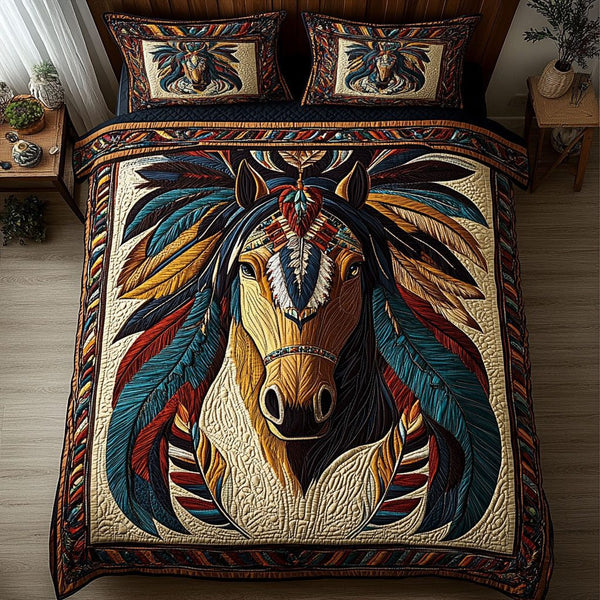 Plainskeepers quilted 3-piece bedding set on a made bed with two matching pillow shams