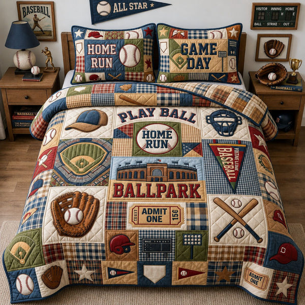 Play Ball quilted 3-piece bedding set on a made bed with two matching pillow shams