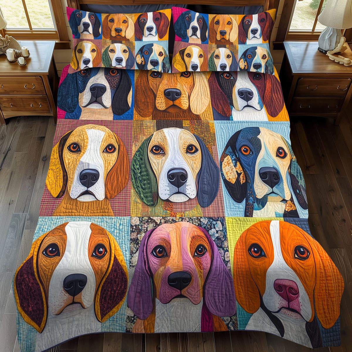 Playful Beagles quilted 3-piece bedding set on a made bed with two matching pillow shams