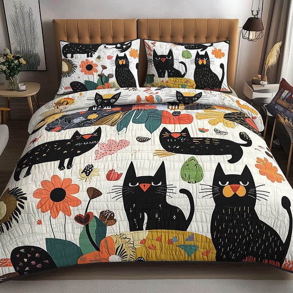 Playful Botanical Cat quilted 3-piece bedding set on a made bed with two matching pillow shams