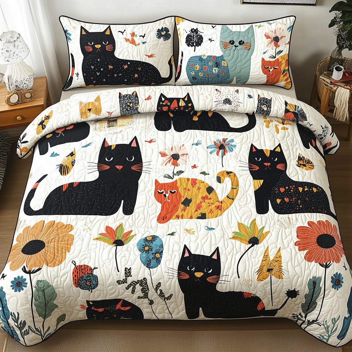 Playful Botanical Cat quilted 3-piece bedding set on a made bed with two matching pillow shams