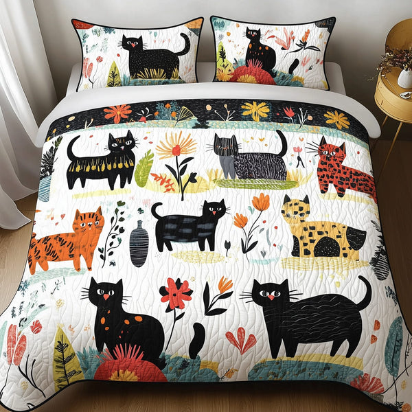 Playful Botanical Cat quilted 3-piece bedding set on a made bed with two matching pillow shams